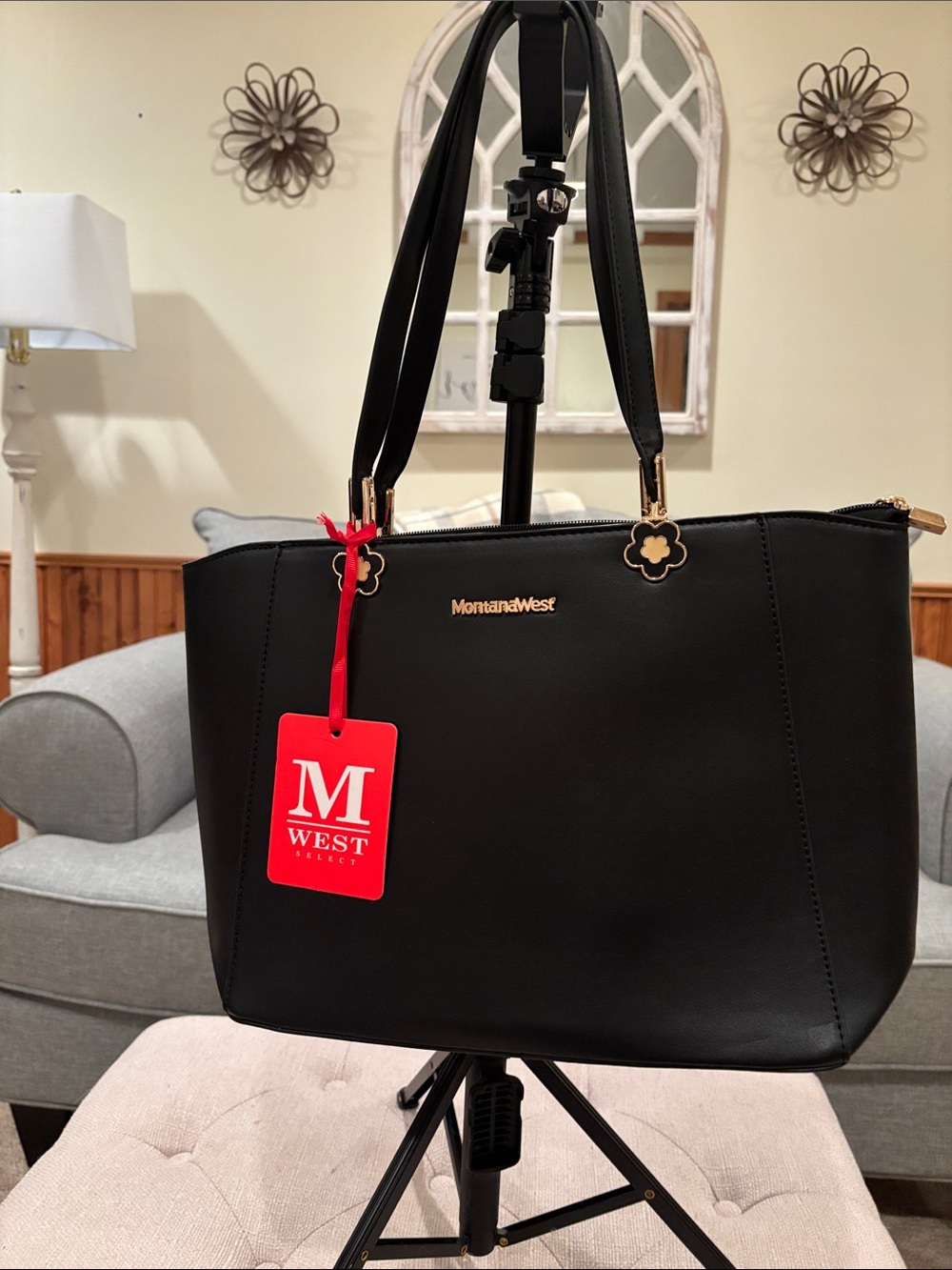 Montana West Black Shoulder Tote with Gold Hardware and Red Tag